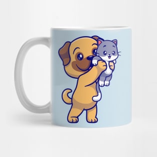 Cute Pug Dog Holding Baby Cat Cartoon Mug